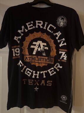 American Fighter Black Tee with Brown and White Athletic Graphic
